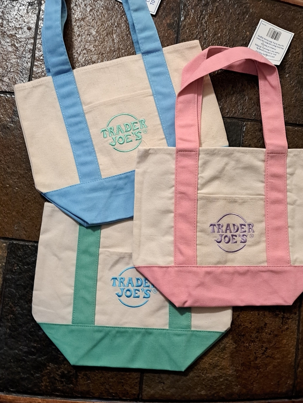 Set of 3 Trader Joe's Mini Canvas Tote Bags- Blue, Green and Pink $20